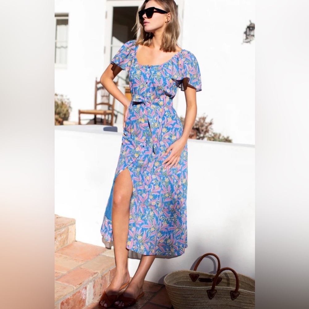 Emerson Fry India Collection Tasha Flower Flutter Sleeve Dress Size Medium Blue